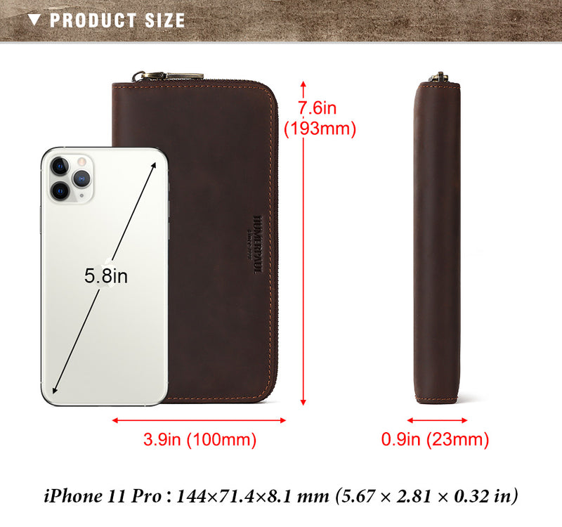 BP909 Crazyhorse Cowhide Leather RFID Phone Case / Wallet Coffee
