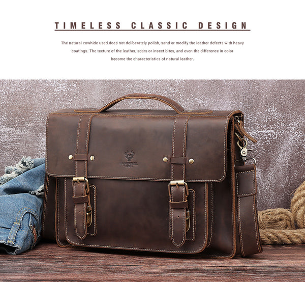 MH589 Laptop Bag Crazyhorse Cowhide Leather Coffee