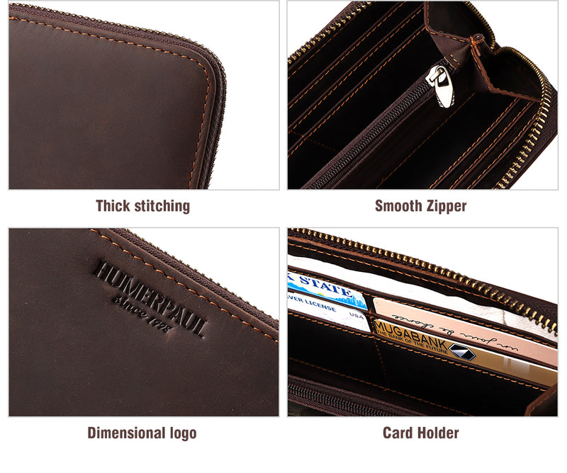 BP909 Crazyhorse Cowhide Leather RFID Phone Case / Wallet Coffee