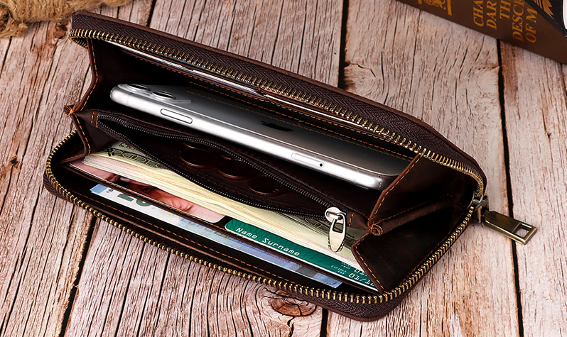 BP909 Crazyhorse Cowhide Leather RFID Phone Case / Wallet Coffee
